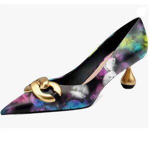 XYD Illusive Rose Pointed Toe Pumps with Metal Chain Solid Golden Heeled Shoes